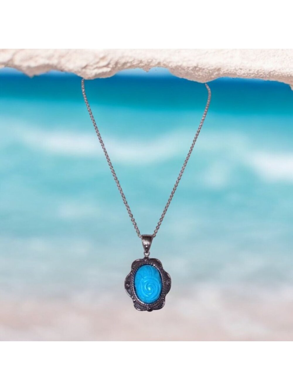 Blue Howlite Carved Rose Pendant Necklace Stainless Steel 20"
